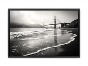 Minimal black and white coastal bridge wall art with misty beach waves and cinematic ocean landscape photography