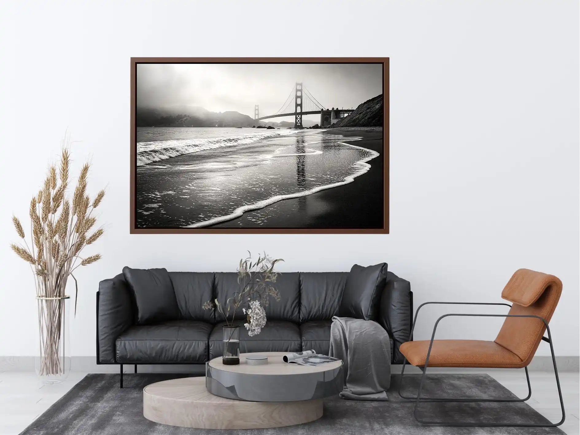 Minimal black and white coastal bridge wall art with misty beach waves and cinematic ocean landscape photography