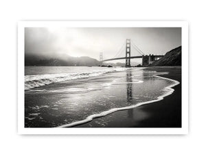Minimal black and white coastal bridge wall art with misty beach waves and cinematic ocean landscape photography