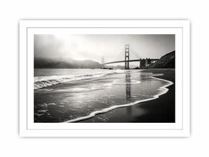 Minimal black and white coastal bridge wall art with misty beach waves and cinematic ocean landscape photography