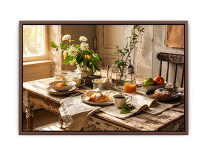 Rustic farmhouse breakfast table wall art with pastries coffee flowers and cozy natural morning light interior scene