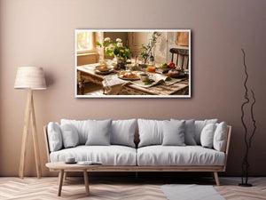 Rustic farmhouse breakfast table wall art with pastries coffee flowers and cozy natural morning light interior scene