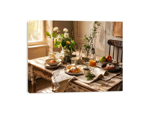 Rustic farmhouse breakfast table wall art with pastries coffee flowers and cozy natural morning light interior scene