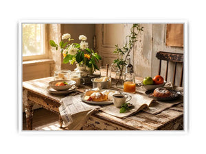 Rustic farmhouse breakfast table wall art with pastries coffee flowers and cozy natural morning light interior scene