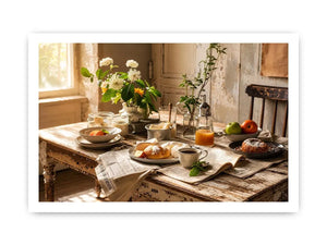 Rustic farmhouse breakfast table wall art with pastries coffee flowers and cozy natural morning light interior scene