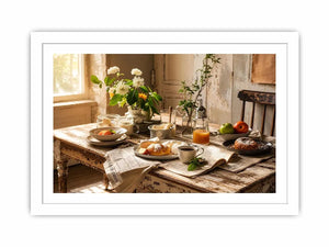 Rustic farmhouse breakfast table wall art with pastries coffee flowers and cozy natural morning light interior scene