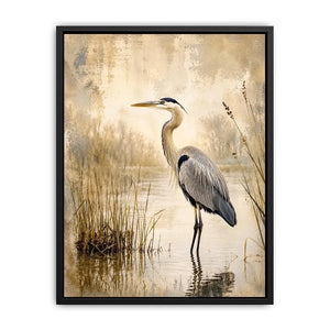 Vintage heron marsh wall art with soft neutral tones, textured wetlands, and elegant coastal bird illustration