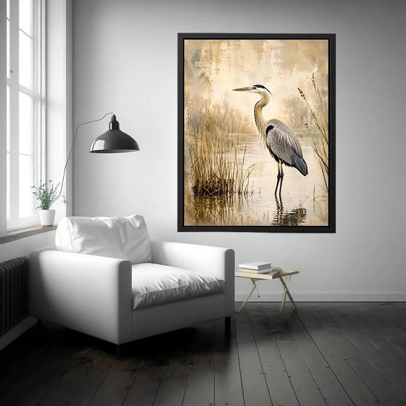 Vintage heron marsh wall art with soft neutral tones, textured wetlands, and elegant coastal bird illustration