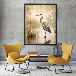 Vintage heron marsh wall art with soft neutral tones, textured wetlands, and elegant coastal bird illustration