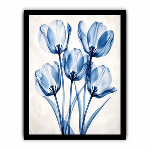 Minimal blue tulip floral wall art with translucent petals and modern botanical elegance for luxury interiors