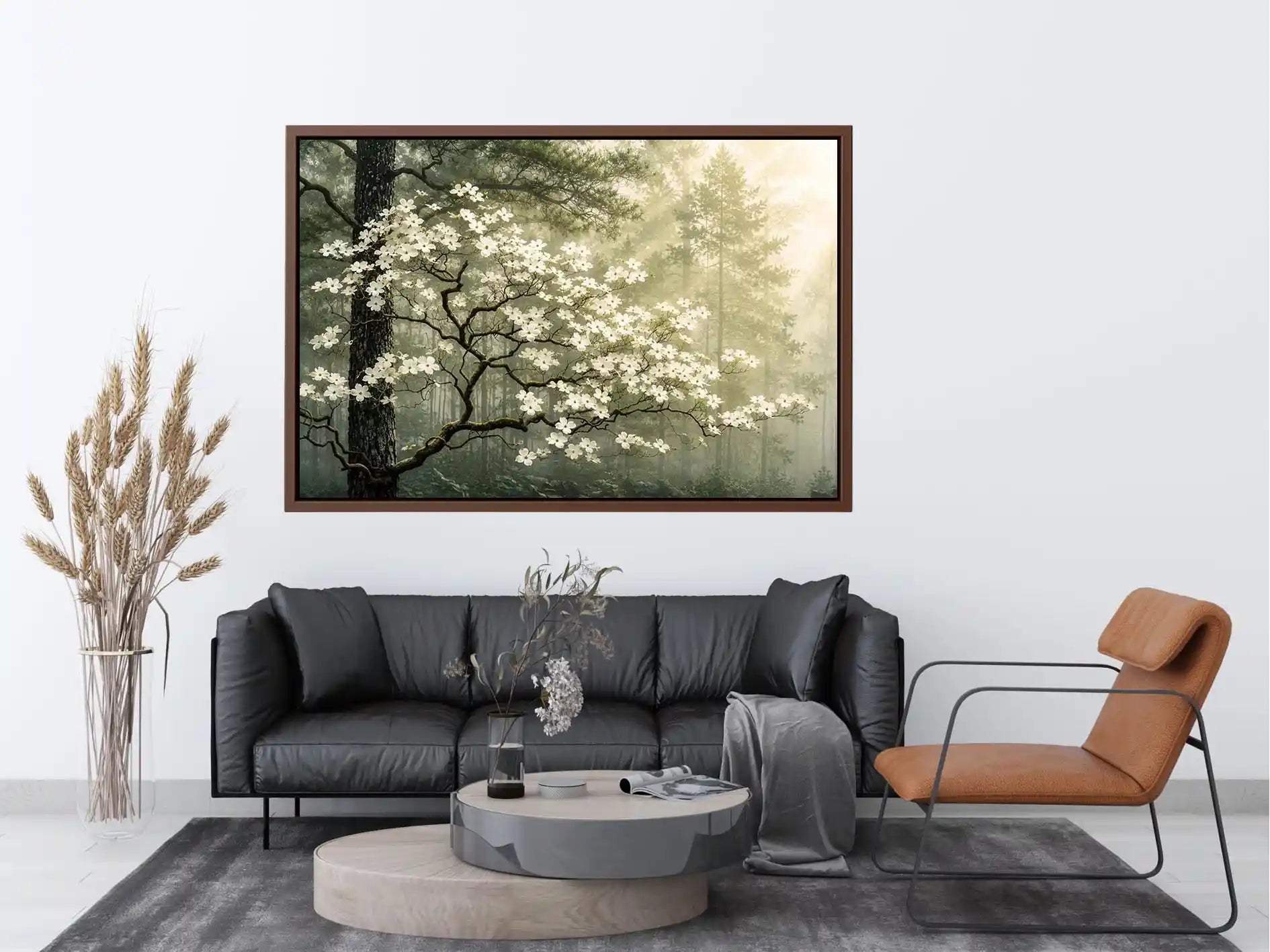 Misty forest dogwood blossom wall art with white flowers and serene green woodland atmosphere for luxury interiors