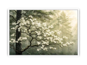 Misty forest dogwood blossom wall art with white flowers and serene green woodland atmosphere for luxury interiors