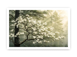 Misty forest dogwood blossom wall art with white flowers and serene green woodland atmosphere for luxury interiors
