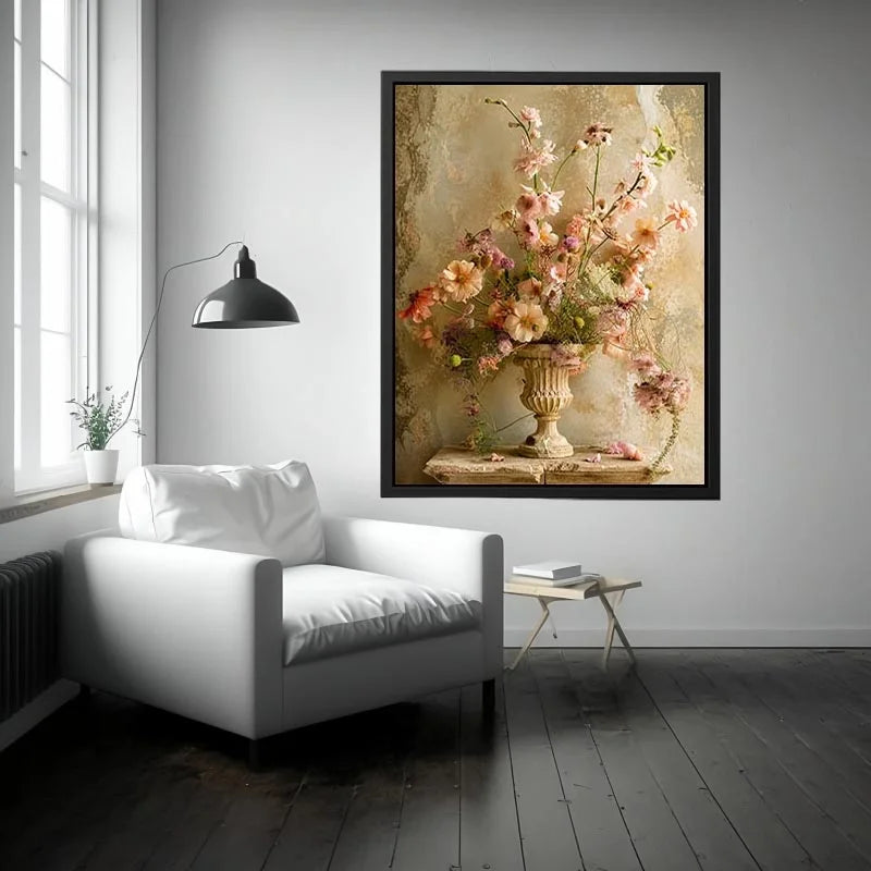 Vintage floral vase wall art with soft blush flowers, delicate botanical arrangement, and romantic rustic textures