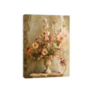 Vintage floral vase wall art with soft blush flowers, delicate botanical arrangement, and romantic rustic textures