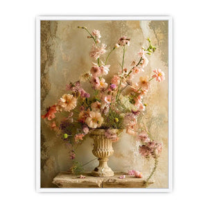 Vintage floral vase wall art with soft blush flowers, delicate botanical arrangement, and romantic rustic textures