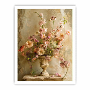 Vintage floral vase wall art with soft blush flowers, delicate botanical arrangement, and romantic rustic textures