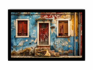 Colorful vintage European facade wall art with distressed blue textures and rustic Mediterranean architecture
