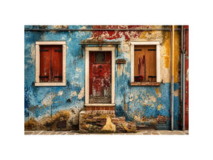 Colorful vintage European facade wall art with distressed blue textures and rustic Mediterranean architecture