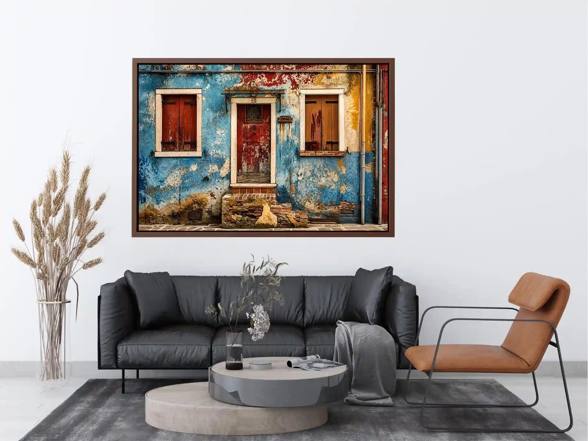 Colorful vintage European facade wall art with distressed blue textures and rustic Mediterranean architecture
