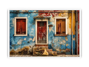 Colorful vintage European facade wall art with distressed blue textures and rustic Mediterranean architecture