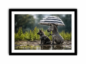Whimsical zebra and fox rain wall art with striped umbrella and soft moody wildlife atmosphere
