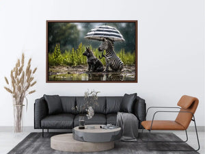 Whimsical zebra and fox rain wall art with striped umbrella and soft moody wildlife atmosphere