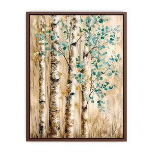 Minimal birch forest wall art with soft aqua leaves and textured neutral woodland design for modern interiors
