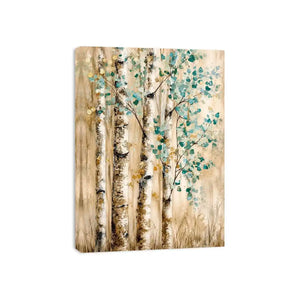 Minimal birch forest wall art with soft aqua leaves and textured neutral woodland design for modern interiors