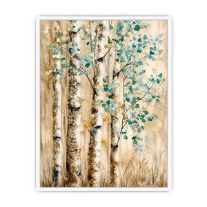 Minimal birch forest wall art with soft aqua leaves and textured neutral woodland design for modern interiors