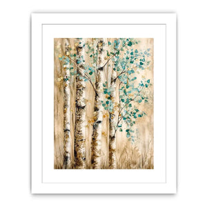 Minimal birch forest wall art with soft aqua leaves and textured neutral woodland design for modern interiors