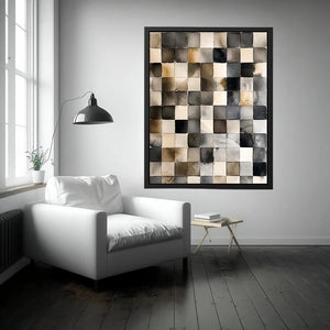 Neutral abstract watercolor grid wall art with soft gray squares and minimalist modern texture design