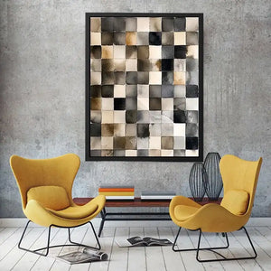 Neutral abstract watercolor grid wall art with soft gray squares and minimalist modern texture design