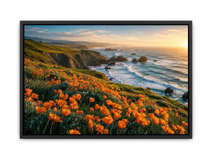 Scenic coastal wildflower wall art with orange blooms, ocean cliffs, and peaceful panoramic seaside landscape