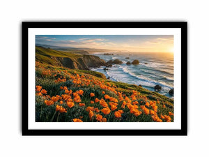 Scenic coastal wildflower wall art with orange blooms, ocean cliffs, and peaceful panoramic seaside landscape