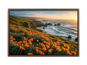 Scenic coastal wildflower wall art with orange blooms, ocean cliffs, and peaceful panoramic seaside landscape
