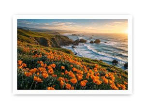 Scenic coastal wildflower wall art with orange blooms, ocean cliffs, and peaceful panoramic seaside landscape