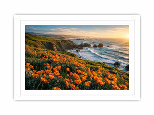 Scenic coastal wildflower wall art with orange blooms, ocean cliffs, and peaceful panoramic seaside landscape