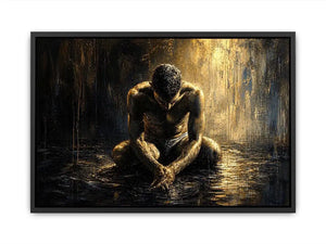 Abstract painting of a seated human figure with head bowed in a moody textured environment