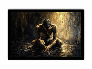 Abstract painting of a seated human figure with head bowed in a moody textured environment