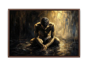 Abstract painting of a seated human figure with head bowed in a moody textured environment