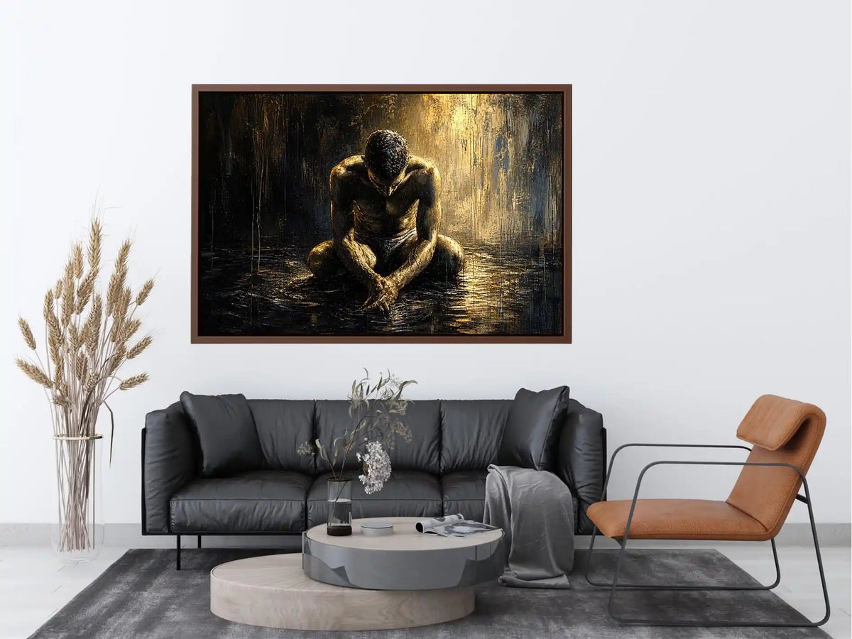 Abstract painting of a seated human figure with head bowed in a moody textured environment