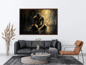 Abstract painting of a seated human figure with head bowed in a moody textured environment