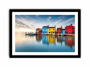 Minimal colorful waterfront village wall art with vibrant European houses and calm reflective water landscape