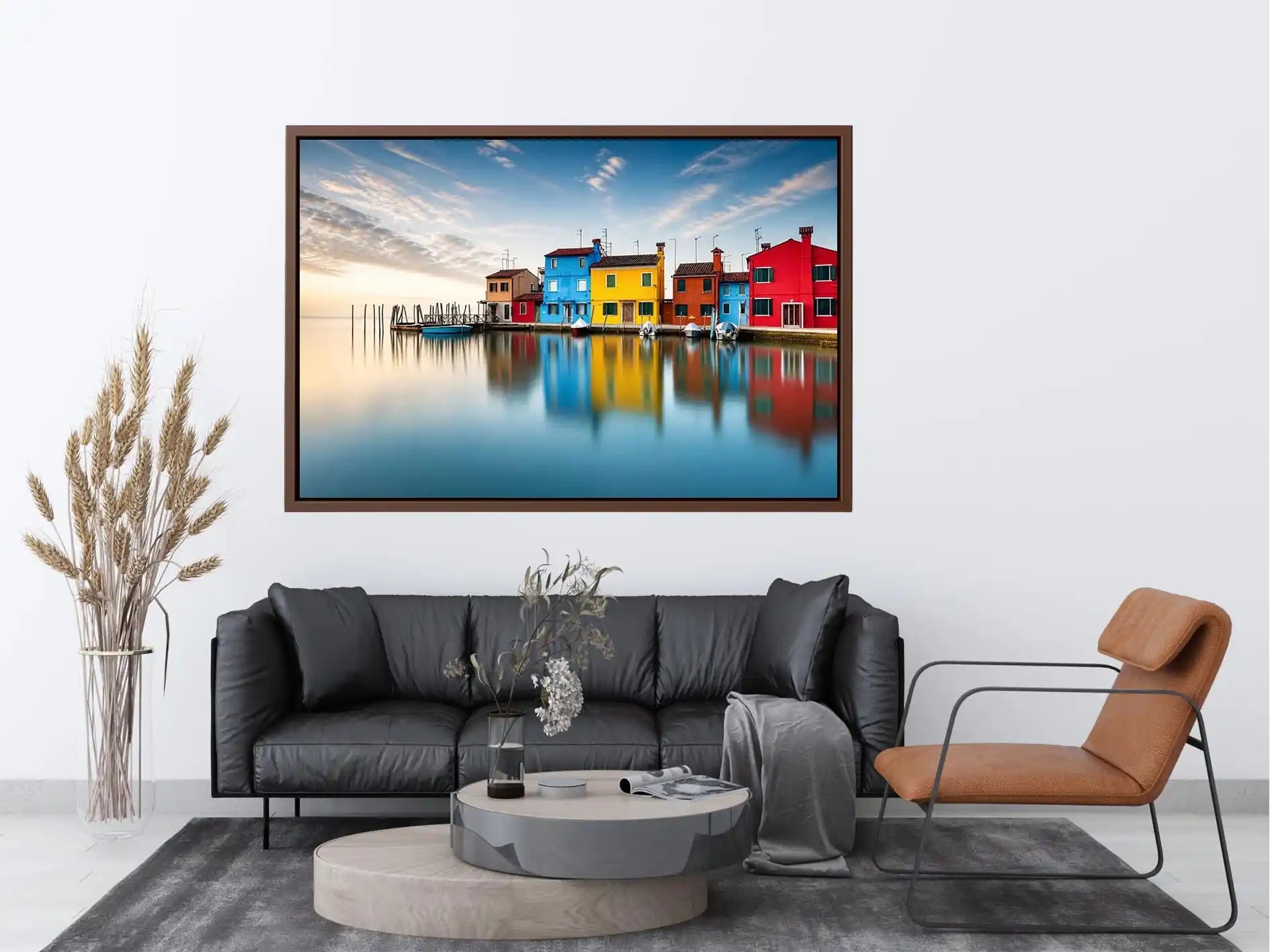 Minimal colorful waterfront village wall art with vibrant European houses and calm reflective water landscape
