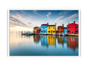 Minimal colorful waterfront village wall art with vibrant European houses and calm reflective water landscape