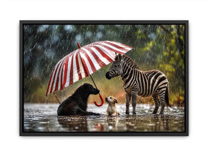 Whimsical zebra and dogs under striped umbrella in rainy cinematic animal wall art for cozy modern interiors