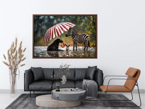 Whimsical zebra and dogs under striped umbrella in rainy cinematic animal wall art for cozy modern interiors