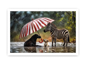 Whimsical zebra and dogs under striped umbrella in rainy cinematic animal wall art for cozy modern interiors