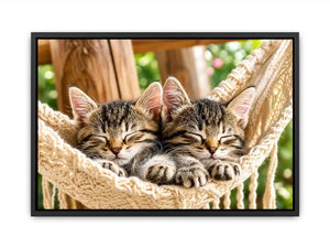 Bright cozy sleeping kitten wall art featuring two tabby cats resting in a woven hammock with soft natural daylight and neutral organic tones.